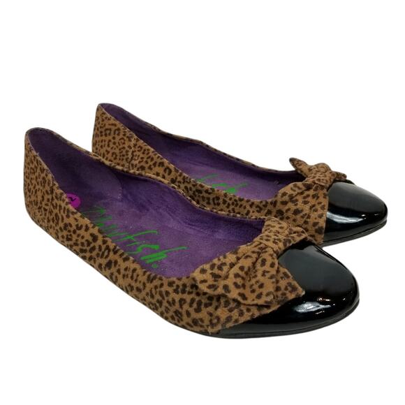 Blowfish Women's Brown Leopard Print Black Patent Toe Cap Bow Ballet Flats 8.5 - Picture 1 of 9